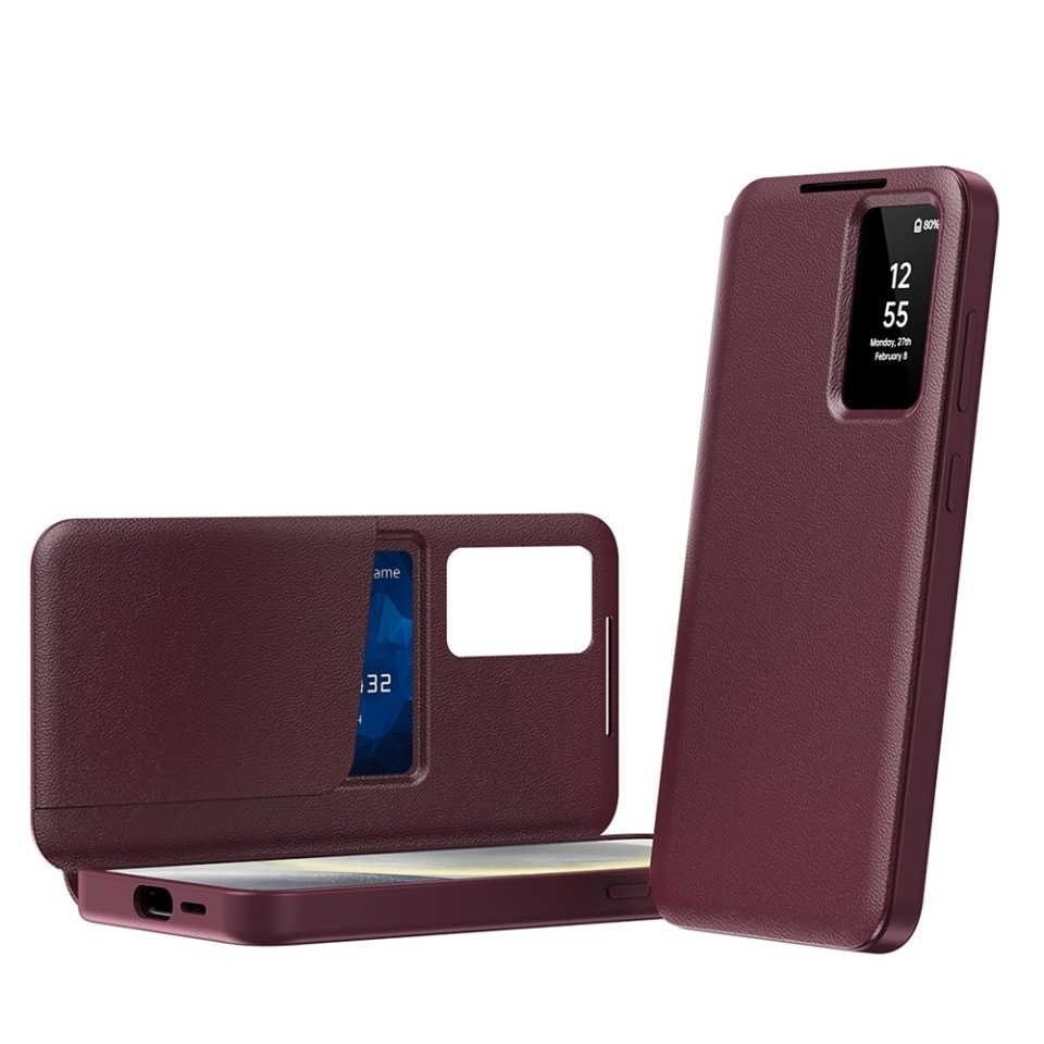 Husa pentru Samsung Galaxy S22 Ultra 5G tip carte, Skyddar, cu portofel si SmartView, Premium, set cu sticker, Rosu