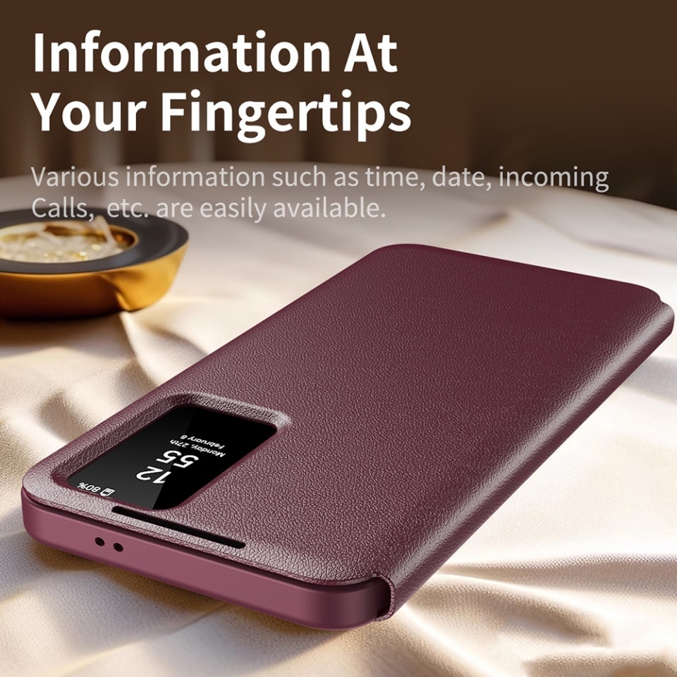 Husa pentru Samsung Galaxy S22 Ultra 5G tip carte, Skyddar, cu portofel si SmartView, Premium, set cu sticker, Rosu