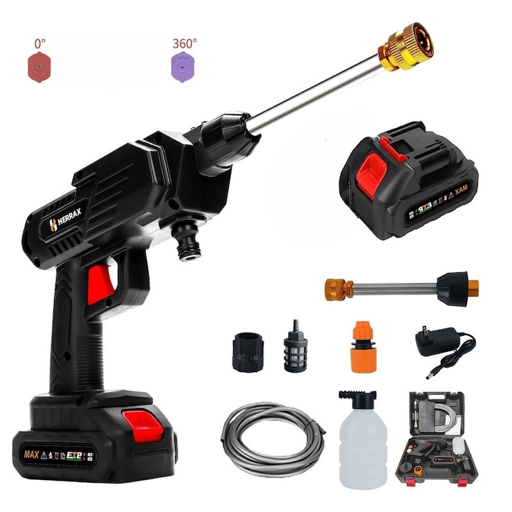 Aparat de spalat cu presiune fara fir, Spalator auto high pressure washer HERRAX premium fara fir cu baterie Li-ion 1200mAh-Set 10 accesorii (2 duze 0°/360°, furtun 6.5m, pistol spuma, adaptor sticla) pentru spalat auto, udat gradini si pulverizare, negru
