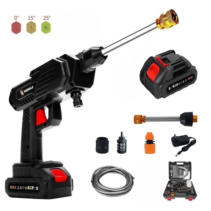 Aparat de spalat cu presiune fara fir, Spalator auto high pressure washer HERRAX fara fir cu baterie Li-ion 1200mAh - Set 10 accesorii (3 duze 0°/15°/25°, furtun 6.5m, pistol spuma) pentru spalare auto portabila la domiciliu, negru