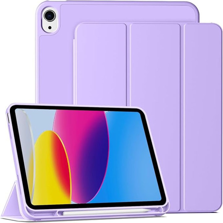 Husa de protectie pentru iPad (A16) 11 11 inch 2025, husa pentru iPad 10 10, 9 inch 2022, cu suport pentru stilou, husa inteligenta cu suport pliabil in trei, husa spate ultra-subtire din TPU moale, Violet