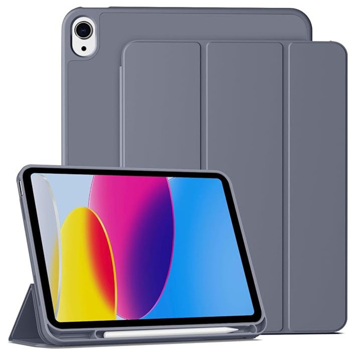 Husa de protectie pentru iPad (A16) 11 11 inch 2025, husa pentru iPad 10 10, 9 inch 2022, cu suport pentru stilou, husa inteligenta cu suport pliabil in trei, husa spate ultra-subtire din TPU moale, Albastru Violet