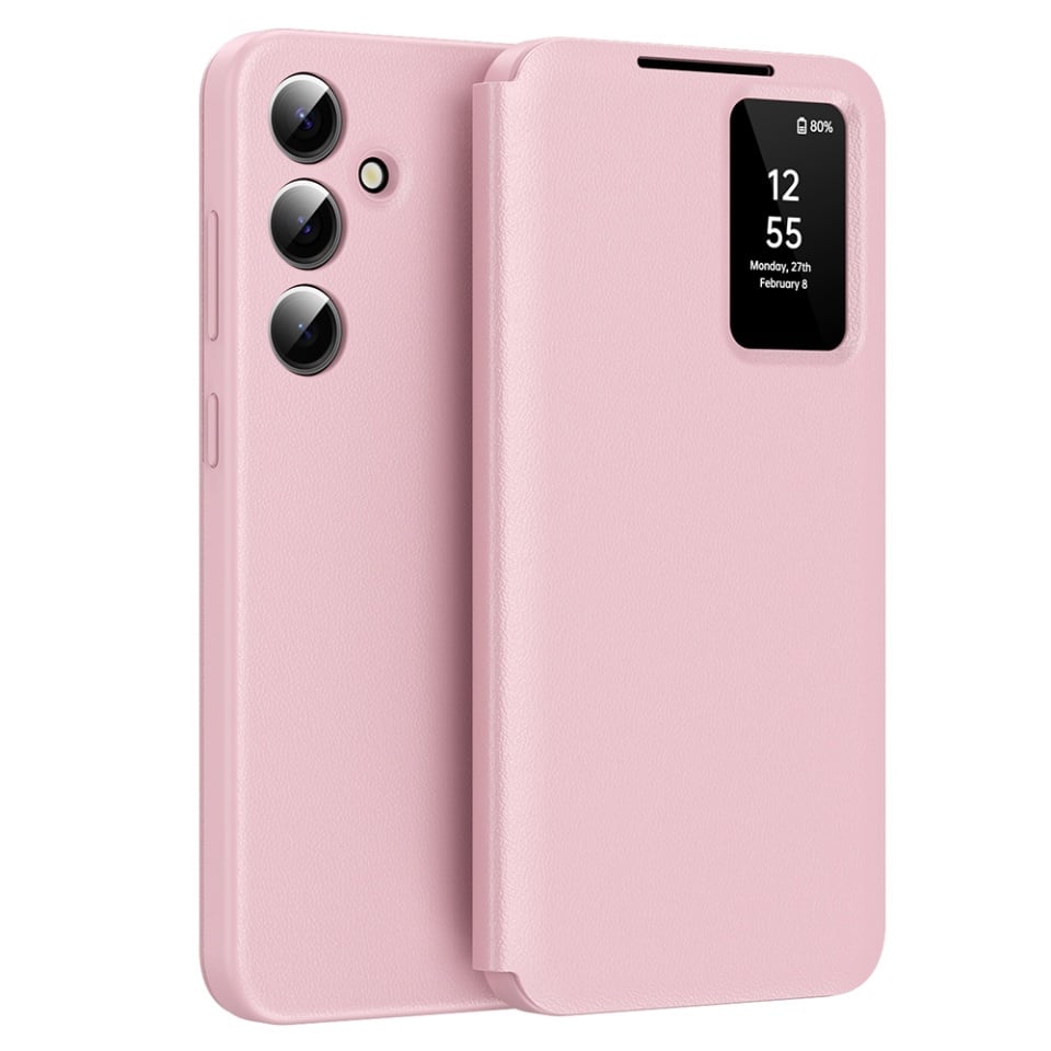 Husa pentru Samsung Galaxy A56 5G tip carte, Skyddar, cu portofel si SmartView, Premium, set cu sticker, Roz
