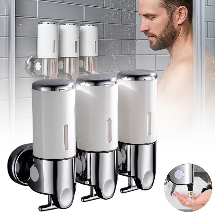 Dispenser de sapun montat pe perete, set dispenser gel de dus, sampon, balsam, 3 in 1, capacitate 1500ml, ABS, pentru baie si bucatarie, hotel, alb/argintiu