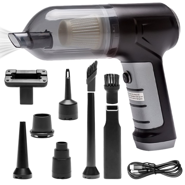 Mini aspirator auto portabil, capacitate baterie 2000mAh*2, 2 viteze, filtru Hepa, suflare, aspiratie puternica, potrivit pentru masina, aspirator pentru animale de companie, port Type-c, negru