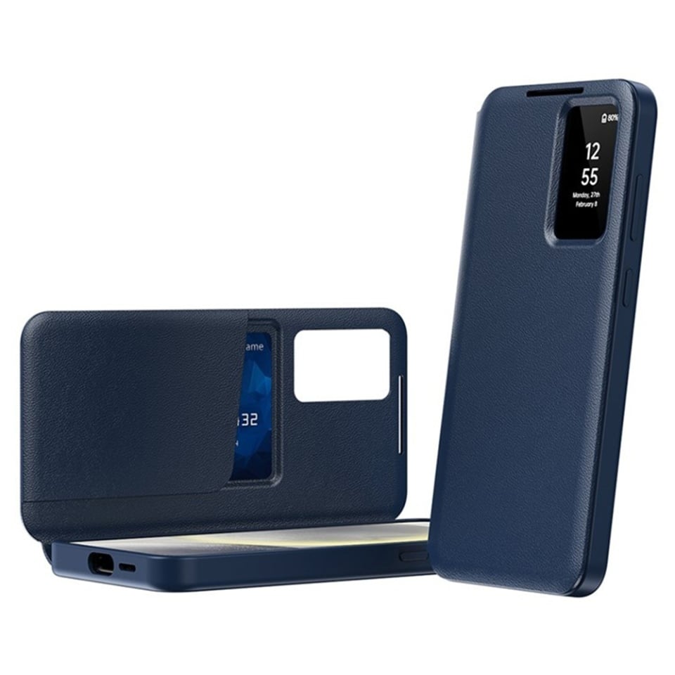 Husa pentru Samsung Galaxy S25 Ultra tip carte, Skyddar, cu portofel si SmartView, Premium, set cu sticker, Albastru