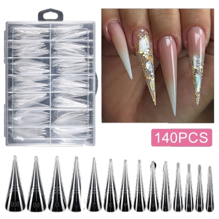 Set 140 forme unghii, cristal, transparente, pentru extensii rapid