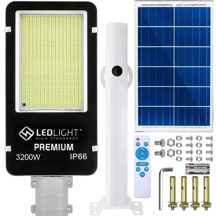 Соларна лампа Dactylion, 3200 W, 1231 светодиода, Стенен монтаж, Стълб, Напълно устойчива на атмосферни влияния, IP66 защита, Включено дистанционно управление, Черен