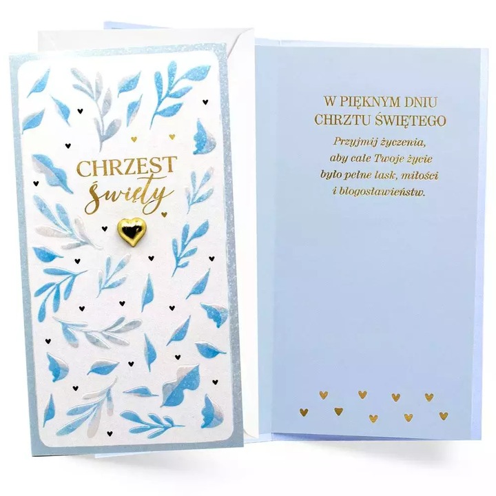 Felicitare KUKARTKA, Chrzest, decorata cu folie metalica si brokat, cu interior grafic, set cu plic asortat