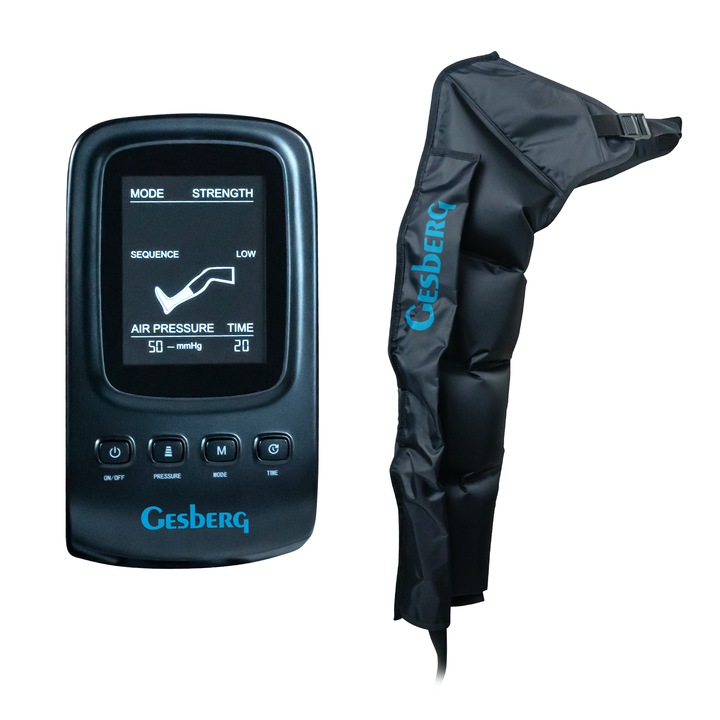 Aparat de masaj GESBERG Presso Health + manseta pentru brat, presoterapie/drainaj limfatic, 4 camere, 12W, negru