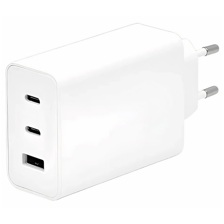 OVIO® szupergyors töltő, 65W, 3 port, 2 x USB-C, 1 x USB-A, kompatibilis Samsung, Xiaomi, Huawei készülékekkel, laptoppal, fehér