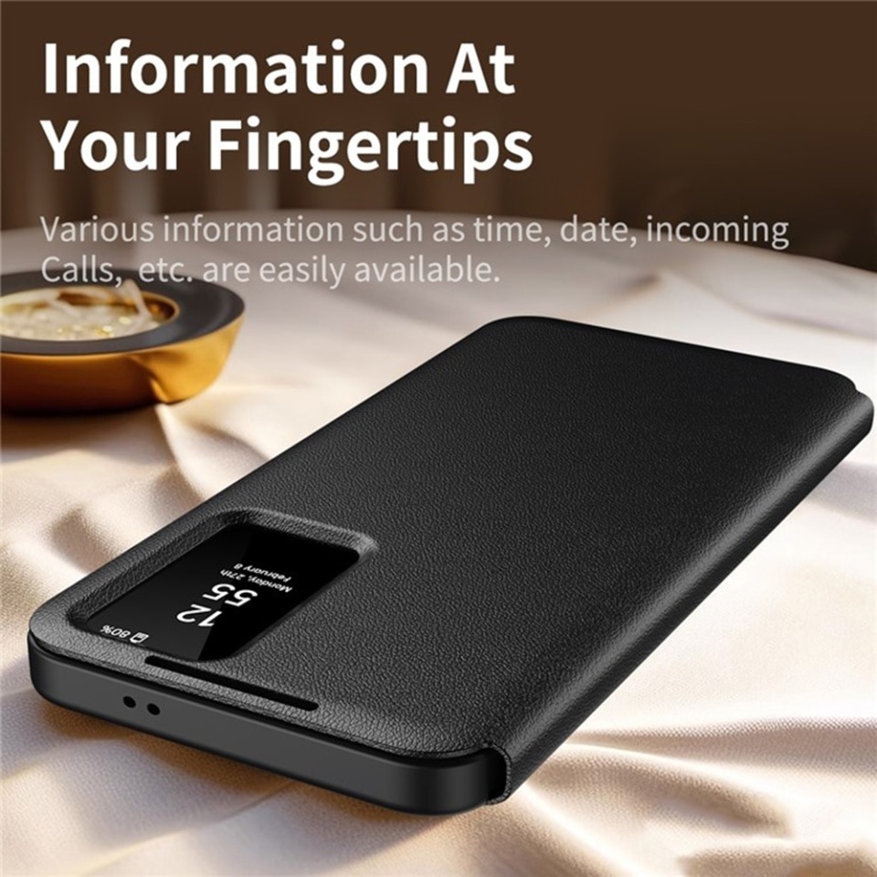 Husa pentru Samsung Galaxy S24 Ultra tip carte, Skyddar, cu portofel si SmartView, Premium, set cu sticker, Negru