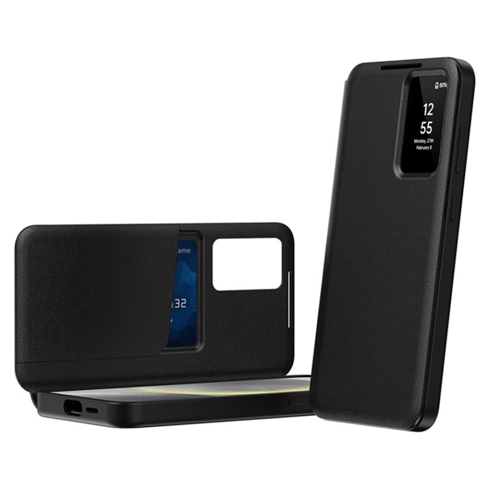 Husa pentru Samsung Galaxy S24 Ultra tip carte, Skyddar, cu portofel si SmartView, Premium, set cu sticker, Negru