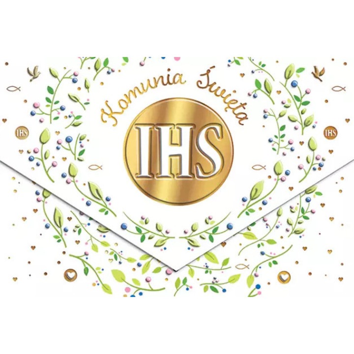 Felicitare A5 HENRY, comunionala, cu foite IHS, aurit, 28.3x20.1cm, set cu envelopa