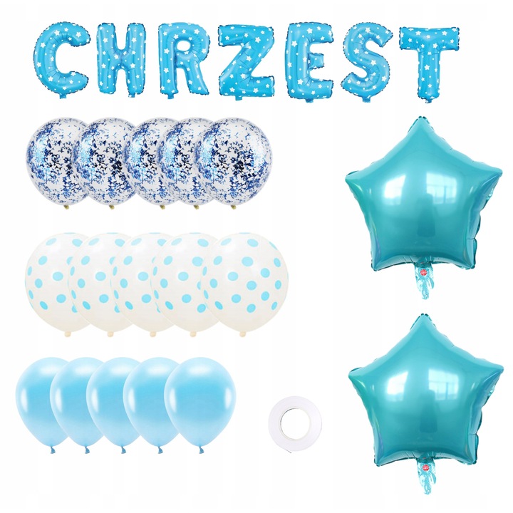 Fiú keresztelő lufik szett, 25 db, kék/fehér, többféle típus
