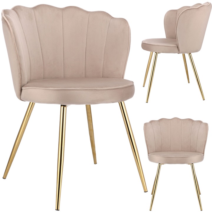 Scaun Jumi, model FIORESD-368453, bej, 80x58x58cm, material: welur, baza metalica