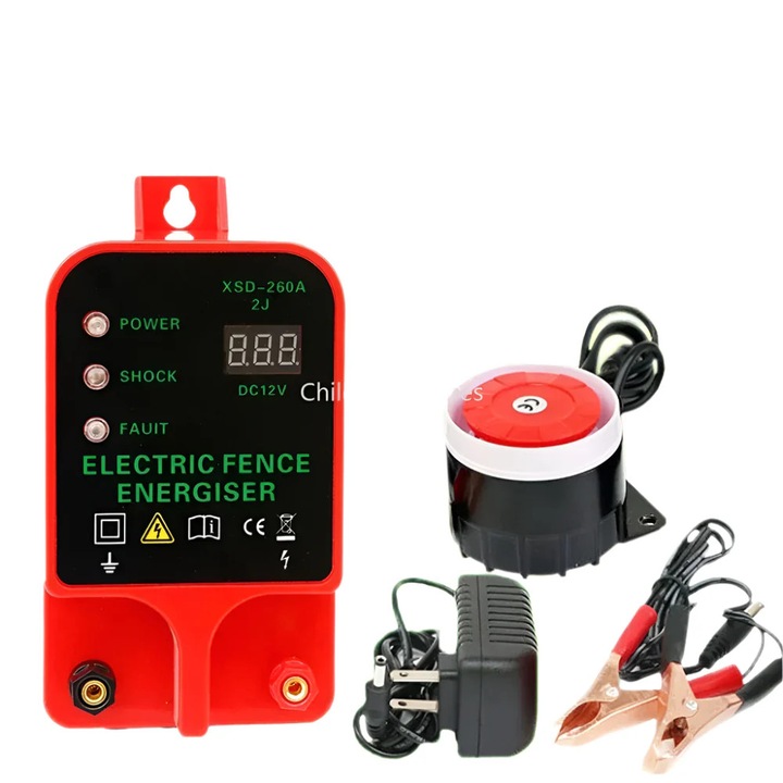12 kV-os elektromos kerítés gerjesztő, hatótávolság 10 km, LCD kijelző, vízálló, piros