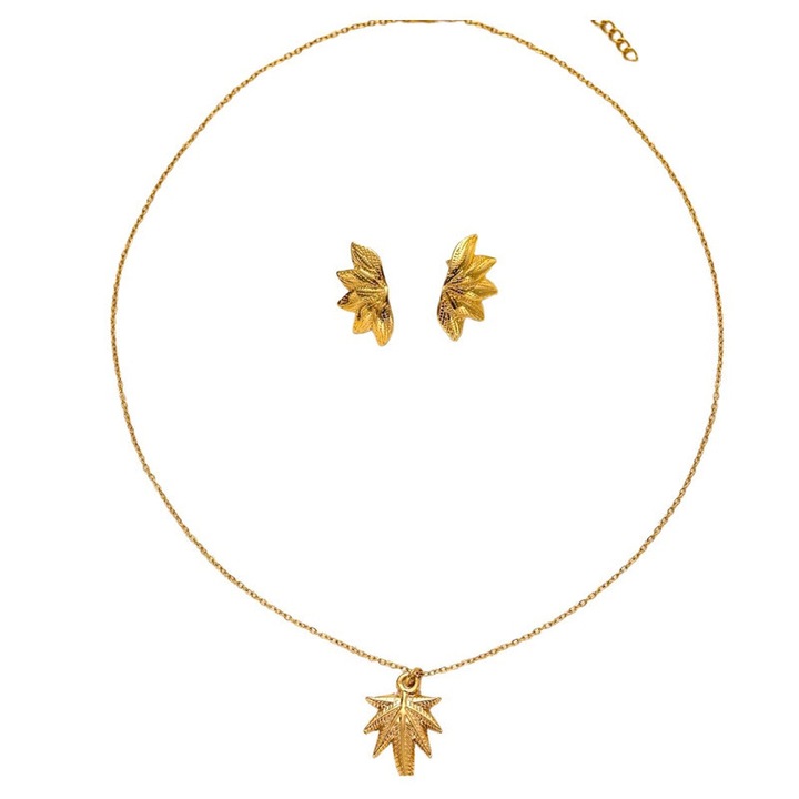 Set colier si cercei din otel titan cu motiv frunza, rezistent la decolorare, lant elegant pentru gat, accesoriu zilnic, auriu