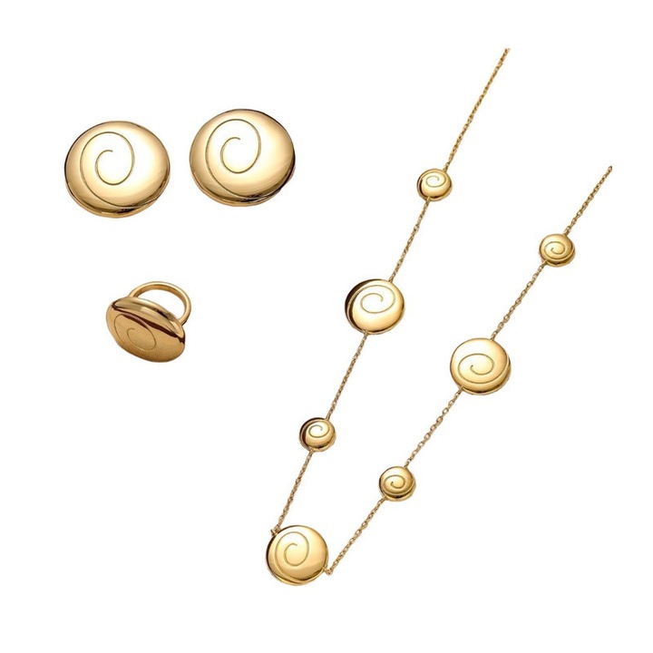 Set colier, bratara si cercei din otel titan auriu, design original, 52.68g, stil boem si modern, accesoriu versatil pentru zi sau seara, culoare aurie