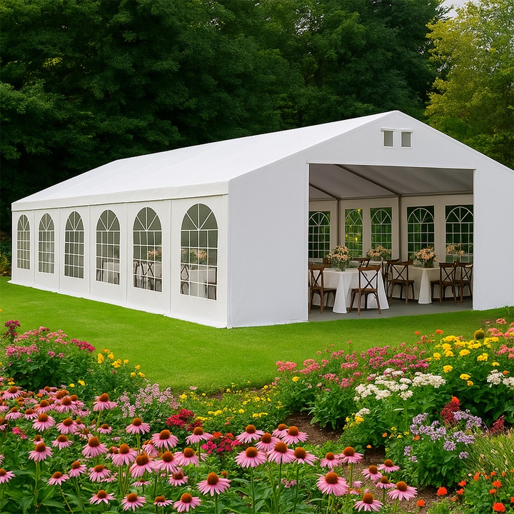 Cort profesional, pavilion, alb, 8x12 m, 12 ferestre + 2 intrari, cadru ranforsat din otel galvanizat, PVC 560g/m2, impermeabil