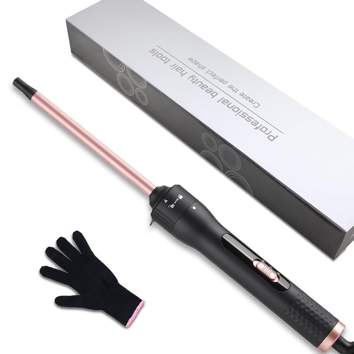 Ondulator Qtenzivize, ideal ca ondulator afro, tambur 13mm, 2 trepte de temperatura, 180°C-210°C, Ceramica cu turmalina, Rotatie 360°, potrivit pentru orice lungime si tip de par, ondulator par, Negru/Roz auriu