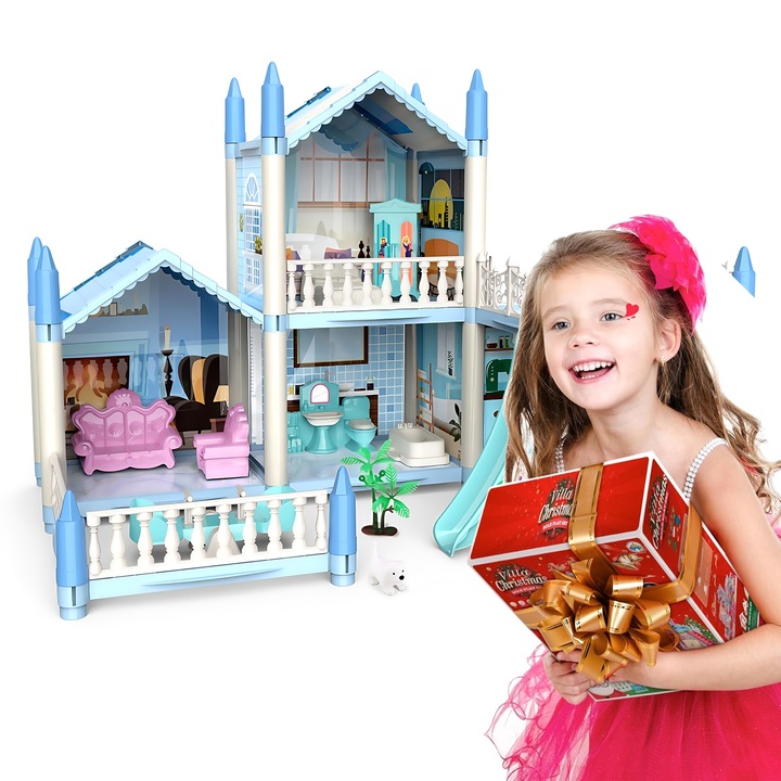 Къща за кукли, Wacorresi, Детска къща за кукли, комплект за игра с множество аксесоари, с LED осветление, с 2 етажа, 4 стаи, 2 кукли, кученце, палми, с множество аксесоари, 52.1x40.6x34.2 см, синя