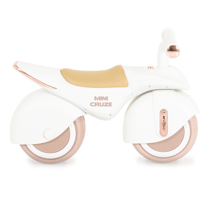 Bicicleta fara pedale Ride On Byox Mini Cruze White cu muzica, Roti EVA late si stabile cu rulment, Sezut ergonomic din piele, Design compact, Manere ergonomice, Recomandata de la 18 luni, Greutate admisa 30 kg