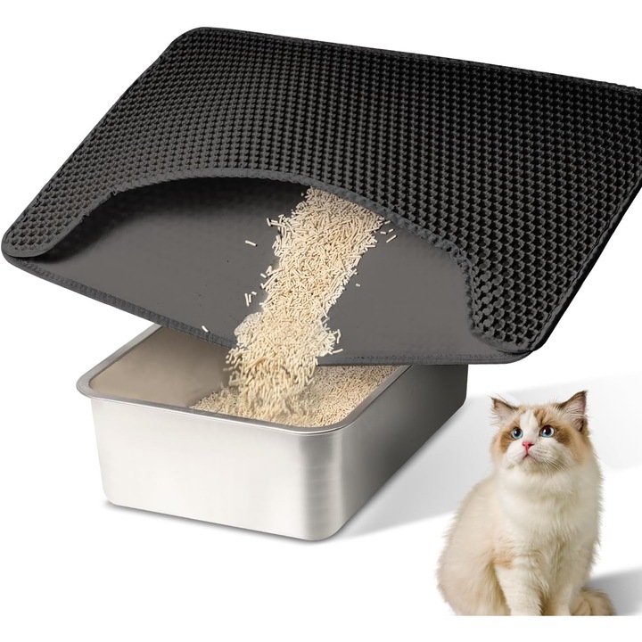 Covoras litiera pisici 64x38 cm, Conlun, Strat din spuma dublu, Model fagure pe o fata pentru retinerea nisipului, Antiderapant, Usor de curatat, confort moale, Negru