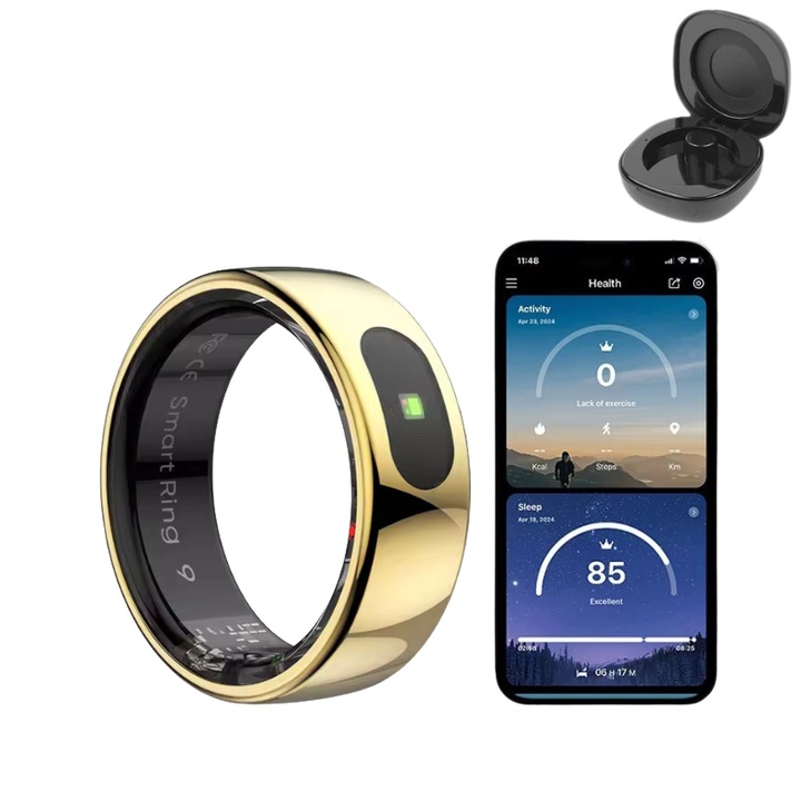 Inel Inteligent cu touchscreen, Smart Ring Nano Ceramic 55 mm, Ritm Cardiac, Nivel Oxigen, Baterie 7 zile, Rezistent la apa(IPX8), Cutie speciala pentru incarcare, Compatibil cu Android si iOS, Auriu