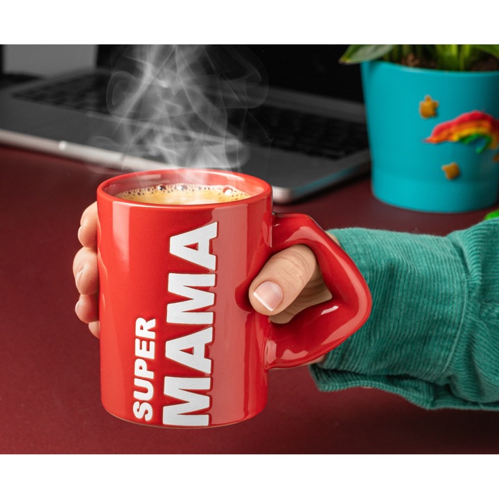 Чаша GadgetMaster "Super Mama", ергономичен дизайн, керамична, 450 мл, червена