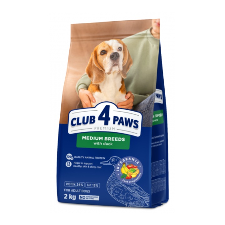 Hrana uscata completa Club 4 Paws Premium pentru caini adulti de talie medie - cu rata, 2kg