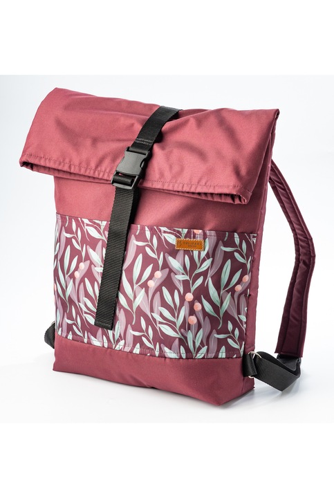 Rucsac Rolltop handmade, TulipArt Design, bordeaux, model cu frunze de maslin, 60 x 38 cm
