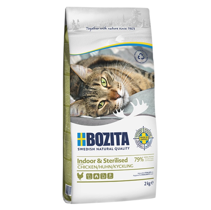 Hrana pentru pisici Bozita Indoor & Sterilised cu pui, 400g, 32% proteine, controlul formarii bilelor de par