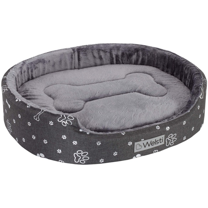 Culcus caini, patut caine talie mare, moale, perna si husa detasabile, saltea caini se poate spala la masina, gri, M, 58x47 cm