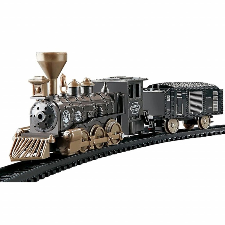 Класически ретро влак с релси Classic Train, 16 части, Подходящ за деца над 3 години, Захранван с батерии, Релсова система с размери: 82 х 102 сантиметра, Цвят: Черен/кафяв