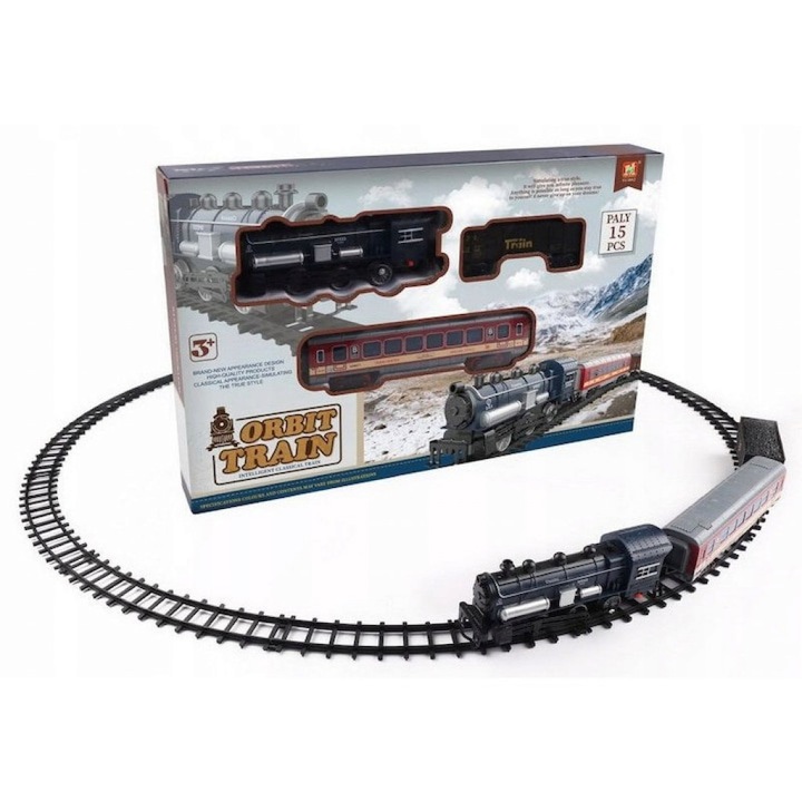 Детско влакче Orbit Train, Движение по релсите, Реалистичен звуков ефект, 15 части, Над 3 години, Размер: 19х24х15.5 сантиметра, Цвят: Черен/многоцветен