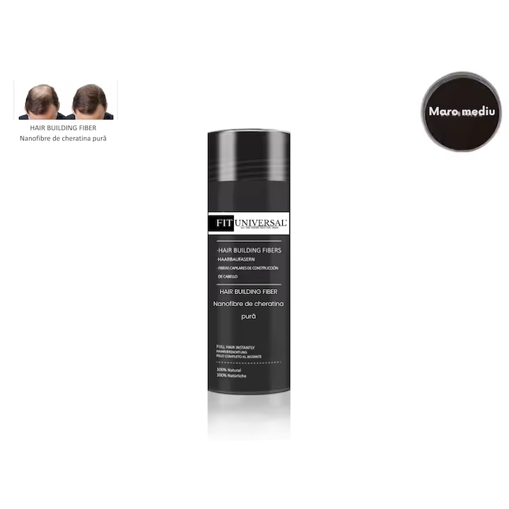 FITUNIVERSAL Фибри за тънка коса, Пудра с фибри за моментално гъста коса, Водоустойчива, Кератинови нанофибри, Средно кафява