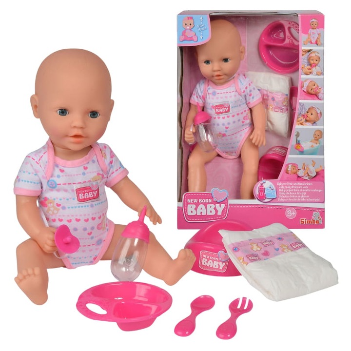Интерактивен комплект кукли с аксесоари, Baby Born, Новородено бебе, Възраст 3+, Пластмасов материал, Функции Пие вода, Пикае, Може да се „храни“ и преоблича, 38 см, Многоцветен