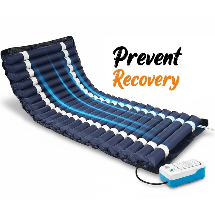 Saltea Antiescara Cu Compresor EvoSmart™ SE02 Profesional, Silentios, Presiune Alternativa, Pentru Pat Medical/Normal, Sistem antiescare, Marime 200/90cm, Gaura Toaleta, Pompa inclusa, Albastru