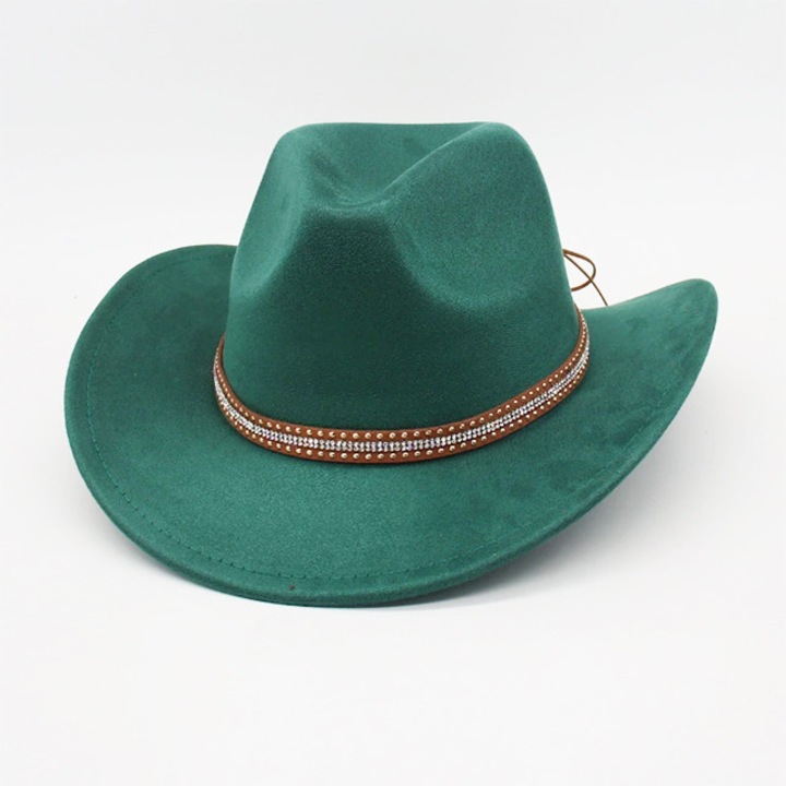 Palarie unisex, MENZ®, model Dust Rider, stil cowboy, curelusa, verde, marime ajustabila 55-57