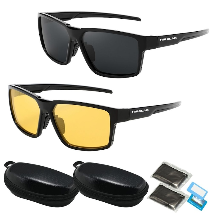 Ochelari de Soare pentru Condus, HD36, Polarizati, HIPOLAR ®, Set 2 buc, Lentiala Negru si Galben pentru Zi si Noapte, Protectie UV400, cu Husa de Protectie