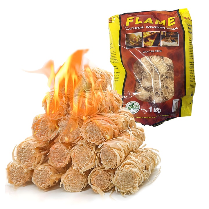 Set Lana pentru Aprins Focul Teno®, din lemn, fara miros, timp indelungat de ardere de 8+ minute, incalzire centrala, seminee, sobe, camping, drumetii, 1 kg