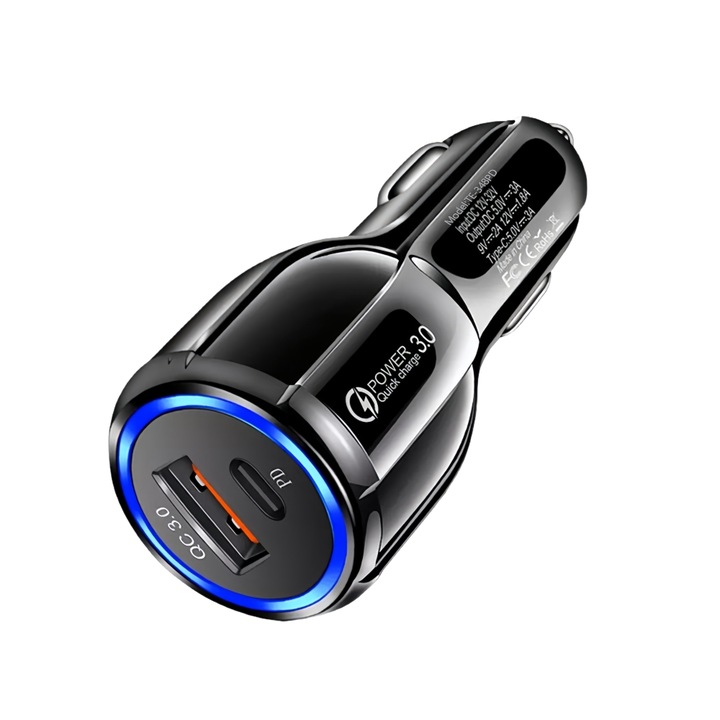 USB зарядно за кола, 48W, PD3.0 и QC3.0, компактен дизайн, черно
