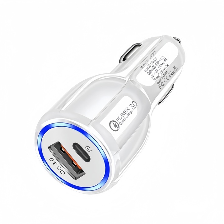 Зарядно за кола PD3.0 и QC3.0, 48W, USB-C, Компактно, 12V, Бял