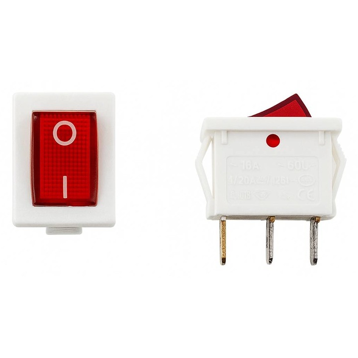 KCD1-106N kapcsoló, 3 tűs, 2 állású, piros, 250VAC, 6A, 19x13mm, SPST