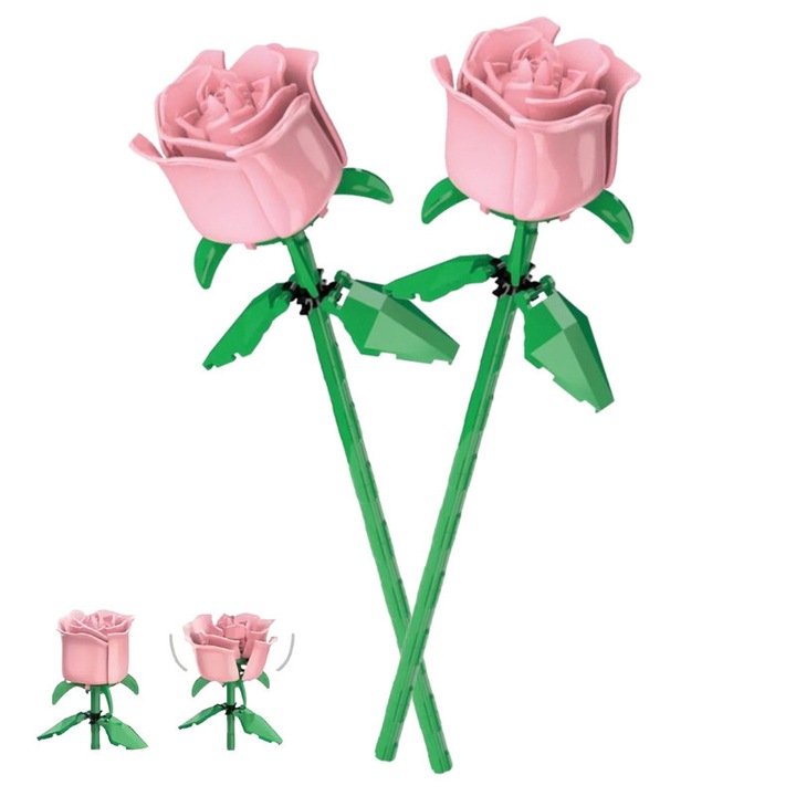 Építőkészlet gyerekeknek és felnőtteknek, barkács, 2 rózsa, 21 cm, rózsaszín