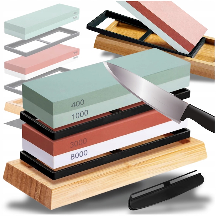 Set ascutitoare cutite, TOMANO, piatra de apa din corund, 400/1000 si 3000/8000, baza din bambus, 1 kg, multicolor