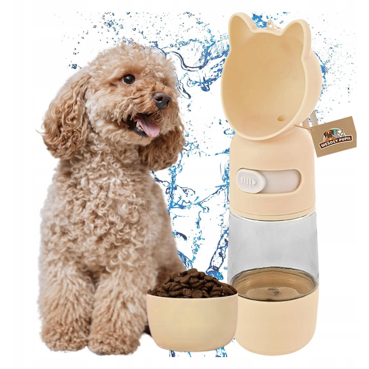 Шише за вода за кучета с контейнер за храна, Wesolypupil, 280 мл вода, 120 мл храна, жълто, 26,5x6,5 см