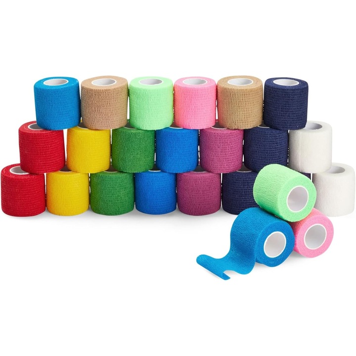 Set 24 role bandaj elastic autoadeziv Juvale, multicolor, 5x457cm, reutilizabil, respirabil, pentru uz uman si veterinar