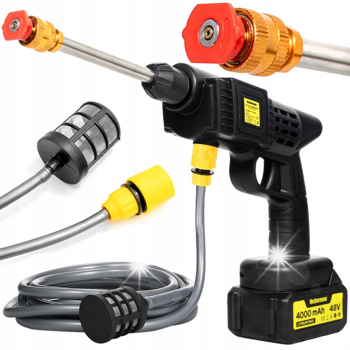 Heckermann PW-1 akkus magasnyomású mosó, komplett készlet, 300W, 4000mAh, 3 fúvóka, 15m/h, 30bar